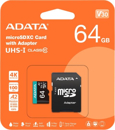Adata Karta pamięci microSD Premier Pro 64 GB UHS1 U3 V30 A2 + adapter Adata Karta pamięci microSD Premier Pro 64 GB UHS1 U3 V30 A2 + adapter