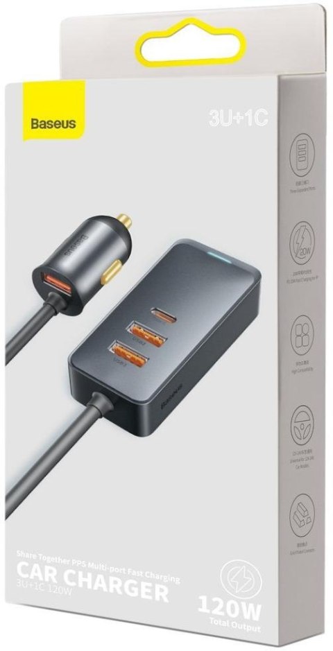 ŁADOWARKA SAMOCHODOWA NA PRZEWODZIE Baseus Share Together 120W 3A 3x USB-A 1x USB-C PD 20W QC 3.0 ŁADOWARKA SAMOCHODOWA NA PRZEWODZIE Baseus Share Together 120W 3A 3x USB-A 1x USB-C PD 20W QC 3.0