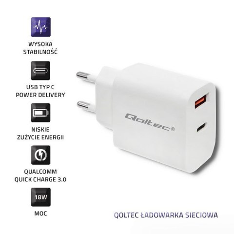 Ładowarka sieciowa | 18W | 5-12V | 1.5-3A | USB typ C PD | USB QC 3.0 | Biała Ładowarka sieciowa | 18W | 5-12V | 1.5-3A | USB typ C PD | USB QC 3.0 | Biała