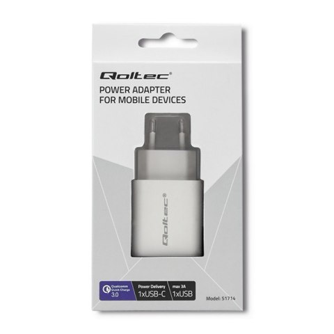 Ładowarka sieciowa | 18W | 5-12V | 1.5-3A | USB typ C PD | USB QC 3.0 | Biała Ładowarka sieciowa | 18W | 5-12V | 1.5-3A | USB typ C PD | USB QC 3.0 | Biała