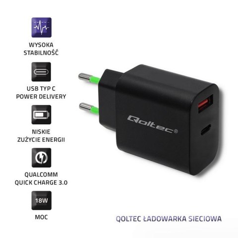 Ładowarka sieciowa | 18W | 5-12V | 1.5-3A | USB typ C PD | USB QC 3.0 | Czarna Ładowarka sieciowa | 18W | 5-12V | 1.5-3A | USB typ C PD | USB QC 3.0 | Czarna
