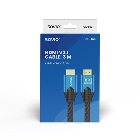 Kabel HDMI (M) v2.1, 3m, 8K, miedź, niebiesko-czarny, złote końcówki, ethernet/3D, CL-143 Kabel HDMI (M) v2.1, 3m, 8K, miedź, niebiesko-czarny, złote końcówki, ethernet/3D, CL-143