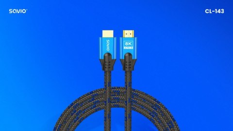 Kabel HDMI (M) v2.1, 3m, 8K, miedź, niebiesko-czarny, złote końcówki, ethernet/3D, CL-143 Kabel HDMI (M) v2.1, 3m, 8K, miedź, niebiesko-czarny, złote końcówki, ethernet/3D, CL-143