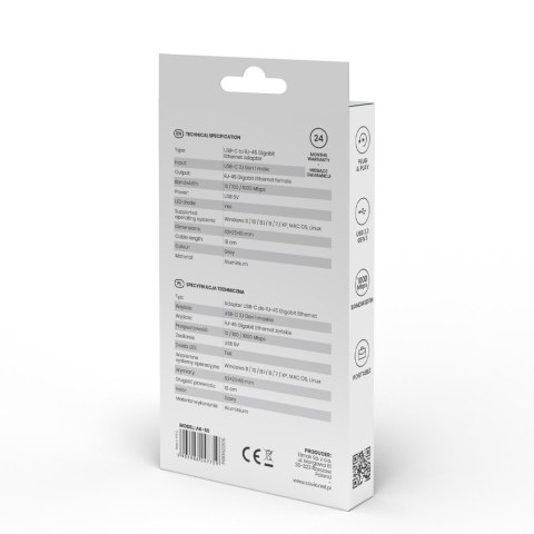 Adapter USB-C 3.1 Gen 1 do RJ-45 Gigabit Ethernet, AK-56 Adapter USB-C 3.1 Gen 1 do RJ-45 Gigabit Ethernet, AK-56