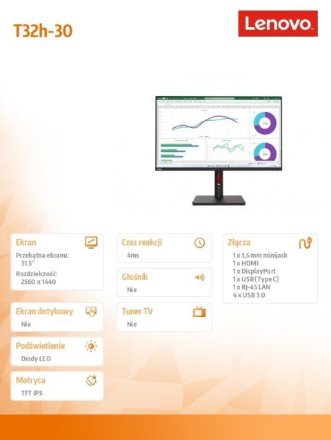 Monitor 31,5 cali ThinkVision T32h-30 63D3GAT1EU Monitor 31,5 cali ThinkVision T32h-30 63D3GAT1EU