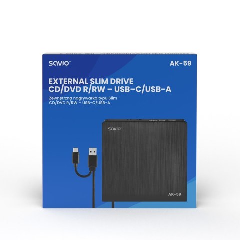 Zewnętrzna nagrywarka typu Slim CD/DVD R/RW, USB-C/USB-A, AK-59 Zewnętrzna nagrywarka typu Slim CD/DVD R/RW, USB-C/USB-A, AK-59