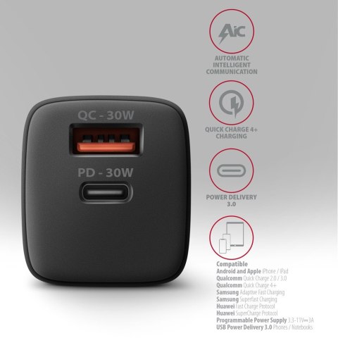 ACU-PQ30 Ładowarka sieciowa, PD & QC 30W, QC3.0,4.0/AFC/FCP/PPS/Apple, Czarna ACU-PQ30 Ładowarka sieciowa, PD & QC 30W, QC3.0,4.0/AFC/FCP/PPS/Apple, Czarna