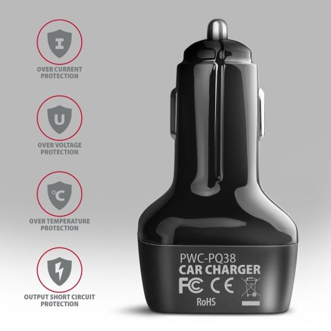 PWC-PQ38 Ładowarka samochodowa PD & QUICK 38W, 2x port (USB-A + USB-C), PD3.0/QC3.0/AFC/FCP/Apple PWC-PQ38 Ładowarka samochodowa PD & QUICK 38W, 2x port (USB-A + USB-C), PD3.0/QC3.0/AFC/FCP/Apple