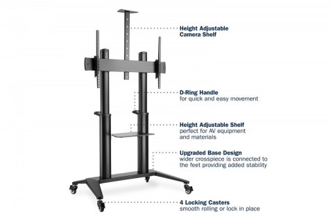 Stojak mobilny pojedynczy z półką i uchwytem na kamerę, 1xLCD max. 120" max. 140kg, VESA max. 1000x600 Stojak mobilny pojedynczy z półką i uchwytem na kamerę, 1xLCD max. 120" max. 140kg, VESA max. 1000x600