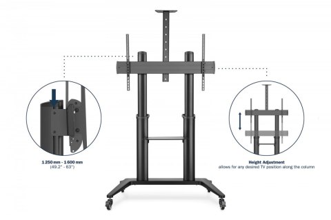 Stojak mobilny pojedynczy z półką i uchwytem na kamerę, 1xLCD max. 120" max. 140kg, VESA max. 1000x600 Stojak mobilny pojedynczy z półką i uchwytem na kamerę, 1xLCD max. 120" max. 140kg, VESA max. 1000x600