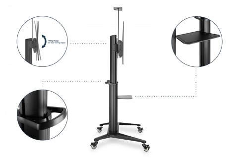 Stojak mobilny pojedynczy z półką i uchwytem na kamerę, 1xLCD max. 120" max. 140kg, VESA max. 1000x600 Stojak mobilny pojedynczy z półką i uchwytem na kamerę, 1xLCD max. 120" max. 140kg, VESA max. 1000x600