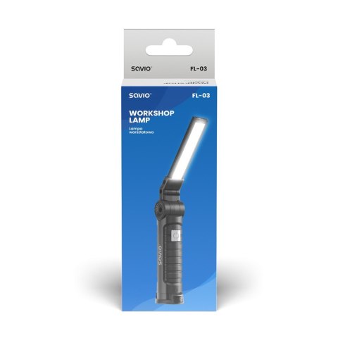 Lampa warsztatowa akumulatorowa COB LED 3W + SMD 1W, USB-C, 150 lm, obrotowa głowica, magnes, FL-03 Lampa warsztatowa akumulatorowa COB LED 3W + SMD 1W, USB-C, 150 lm, obrotowa głowica, magnes, FL-03