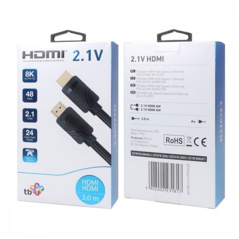 Kabel HDMI v 2.1 premium 3 m 8K Czarny Stworzony dla graczy Kabel HDMI v 2.1 premium 3 m 8K Czarny Stworzony dla graczy