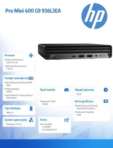Komputer 400Mini G9Ri5-13500T 8GB/512GB/W11P 936L3EA Komputer 400Mini G9Ri5-13500T 8GB/512GB/W11P 936L3EA