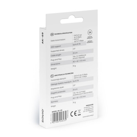 Adapter USB-C 3.1 Gen 1 (M) - SATA (F) do dysków 2.5 cala, AK-69 Adapter USB-C 3.1 Gen 1 (M) - SATA (F) do dysków 2.5 cala, AK-69