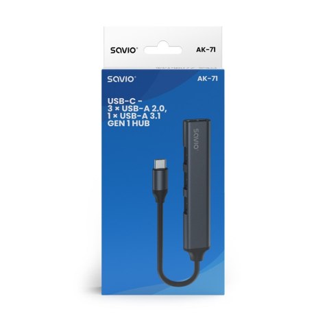 Hub 4 porty USB-C - 3 x USB-A 2.0, 1 x USB-A 3.1 3.1 GEN 1, 5 Gbps, AK-71 Hub 4 porty USB-C - 3 x USB-A 2.0, 1 x USB-A 3.1 3.1 GEN 1, 5 Gbps, AK-71