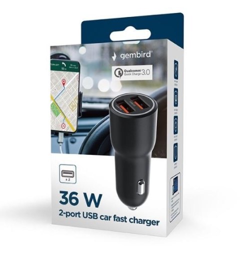 Ładowarka samochodowa 2xUSB-A QC3.0 36W czarna Ładowarka samochodowa 2xUSB-A QC3.0 36W czarna