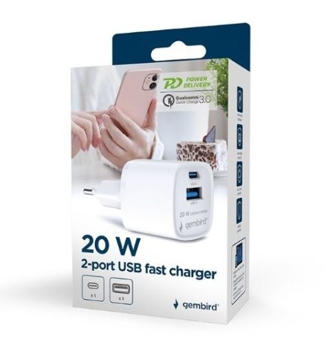 Mini-ładowarka USB-A USB-C 20W PD QC3.0 biała Mini-ładowarka USB-A USB-C 20W PD QC3.0 biała