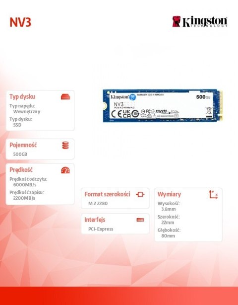 Dysk SSD NV3 500GB M.2 2280 PCI-e 4.0 NVMe 6000/2200 Dysk SSD NV3 500GB M.2 2280 PCI-e 4.0 NVMe 6000/2200