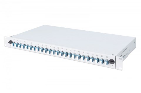 Przełącznica światłowodowa/panel krosowy z wyposażeniem 19 cali 1U, 24x LC duplex, OS2, zawiera pigtaile, adaptery, tacki, wysuw Przełącznica światłowodowa/panel krosowy z wyposażeniem 19 cali 1U, 24x LC duplex, OS2, zawiera pigtaile, adaptery, tacki, wysuw