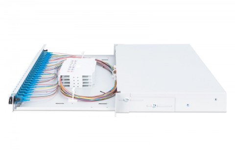 Przełącznica światłowodowa/panel krosowy z wyposażeniem 19 cali 1U, 24x LC duplex, OS2, zawiera pigtaile, adaptery, tacki, wysuw Przełącznica światłowodowa/panel krosowy z wyposażeniem 19 cali 1U, 24x LC duplex, OS2, zawiera pigtaile, adaptery, tacki, wysuw
