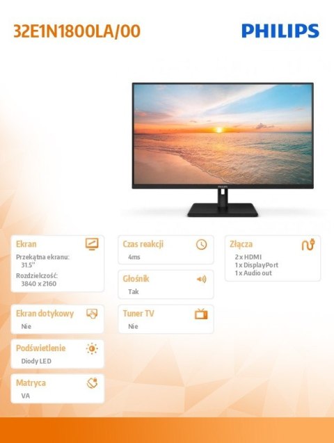 Monitor 32E1N1800LA VA 31.5 cala 4K HDMIx2 DP Głośniki Monitor 32E1N1800LA VA 31.5 cala 4K HDMIx2 DP Głośniki