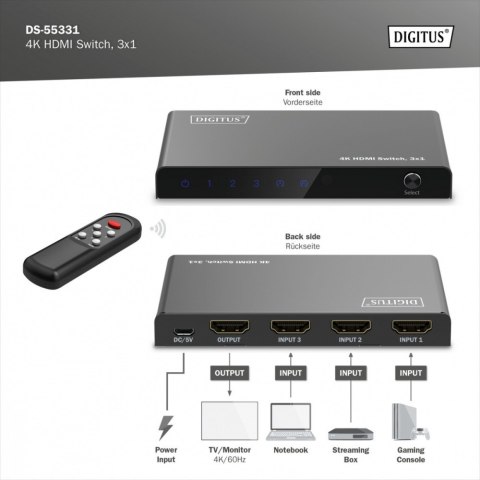 Przełącznik/Switch 4K HDMI 3x1, 60Hz HDCP 2.3, pilot, Czarny Przełącznik/Switch 4K HDMI 3x1, 60Hz HDCP 2.3, pilot, Czarny