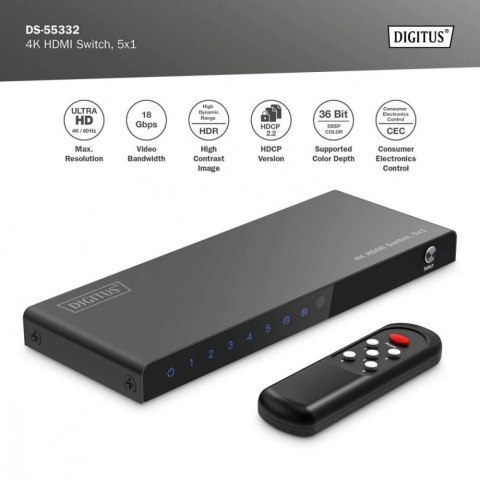 Przełącznik/Switch 4K HDMI 5x1, 60Hz HDCP 2.3, pilot, Czarny Przełącznik/Switch 4K HDMI 5x1, 60Hz HDCP 2.3, pilot, Czarny
