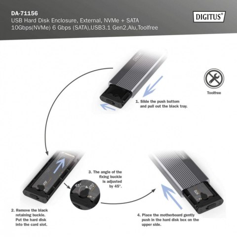 Obudowa USB 3.1 Typ C na dysk SSD M.2 NVMe 10 Gbps + SATA 6 Gbps aluminiowa, beznarzędziowa Obudowa USB 3.1 Typ C na dysk SSD M.2 NVMe 10 Gbps + SATA 6 Gbps aluminiowa, beznarzędziowa