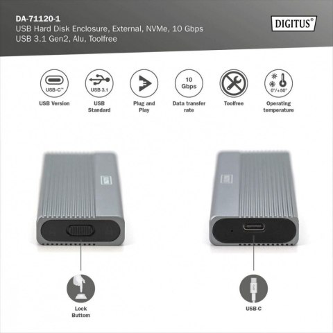 Obudowa USB 3.1 Typ C na dysk SSD M.2 NVMe 10 Gbps aluminiowa, beznarzędziowa Obudowa USB 3.1 Typ C na dysk SSD M.2 NVMe 10 Gbps aluminiowa, beznarzędziowa