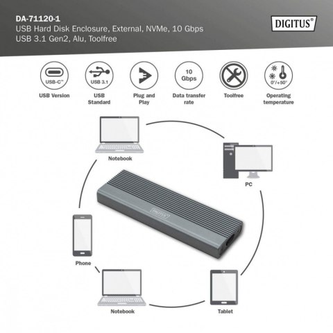 Obudowa USB 3.1 Typ C na dysk SSD M.2 NVMe 10 Gbps aluminiowa, beznarzędziowa Obudowa USB 3.1 Typ C na dysk SSD M.2 NVMe 10 Gbps aluminiowa, beznarzędziowa