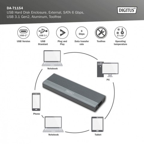 Obudowa USB 3.1 Typ C na dysk SSD M.2 SATA 6 Gbps aluminiowa, beznarzędziowa Obudowa USB 3.1 Typ C na dysk SSD M.2 SATA 6 Gbps aluminiowa, beznarzędziowa