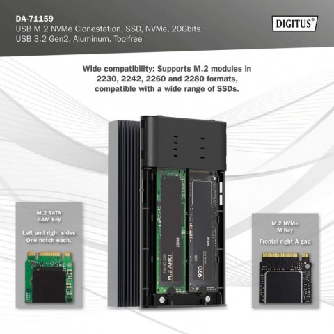 Obudowa/Stacja klonująca USB 3.1 Typ C na dyski SSD M.2 NVMe 20 Gbps aluminiowa, beznarzędziowa Obudowa/Stacja klonująca USB 3.1 Typ C na dyski SSD M.2 NVMe 20 Gbps aluminiowa, beznarzędziowa
