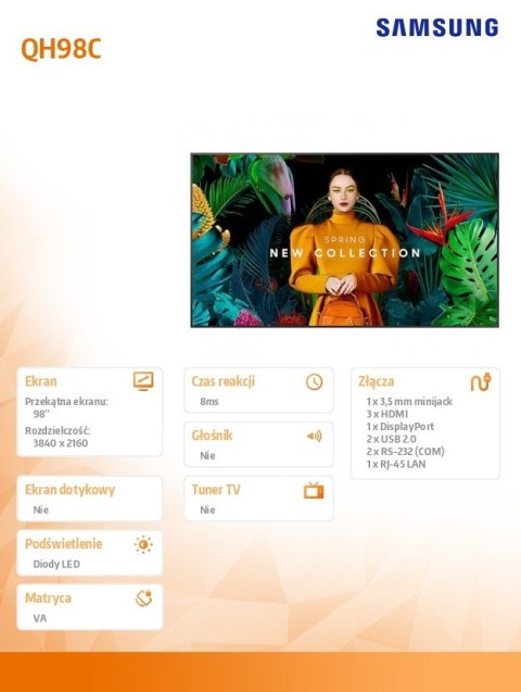 Monitor profesjonalny QH98C 98 cali Matowy 24h/7 700(cd/m2) 3840x2160 (UHD) S10 Player (Tizen 7) WiFi/BT 3 lata On-Site (LH98QHC Monitor profesjonalny QH98C 98 cali Matowy 24h/7 700(cd/m2) 3840x2160 (UHD) S10 Player (Tizen 7) WiFi/BT 3 lata On-Site (LH98QHC