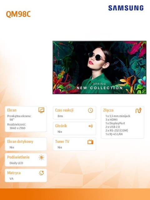 Monitor profesjonalny QM98C 98 cali Matowy 24h/7 500(cd/m2) 3840x2160 (UHD) S10 Player (Tizen 7) Wi-Fi/BT 3 lata On-Site (LH98QM Monitor profesjonalny QM98C 98 cali Matowy 24h/7 500(cd/m2) 3840x2160 (UHD) S10 Player (Tizen 7) Wi-Fi/BT 3 lata On-Site (LH98QM