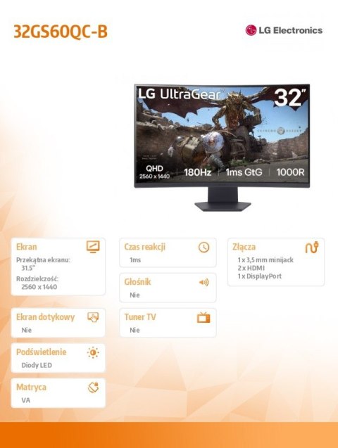Monitor 32GS60QC-B 31.5 cala QHD 1000R Curved 180Hz Monitor 32GS60QC-B 31.5 cala QHD 1000R Curved 180Hz
