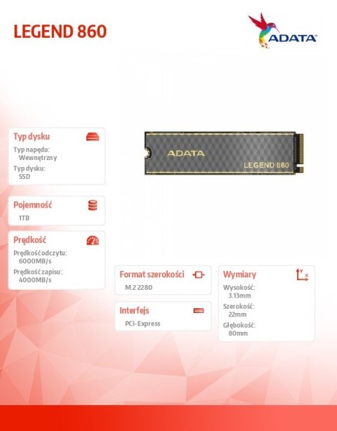 Dysk SSD LEGEND 860 1TB PCIe 4x4 6000/4000 MB/s M.2 Dysk SSD LEGEND 860 1TB PCIe 4x4 6000/4000 MB/s M.2