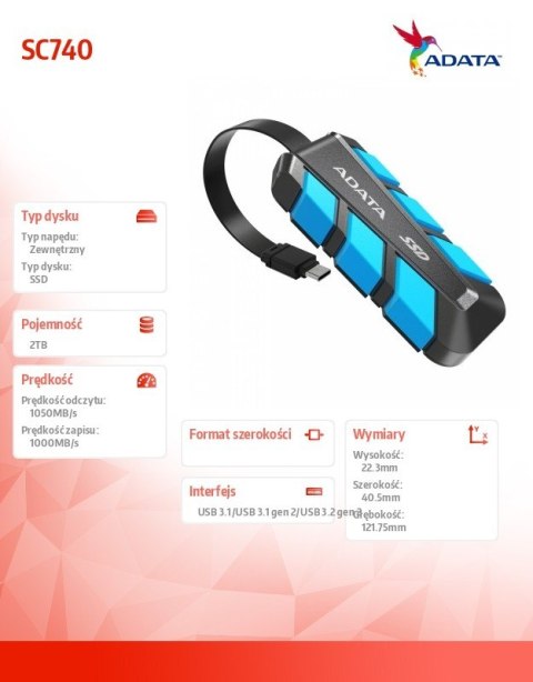 Dysk zewnętrzny SSD SC740 2TB U3.2C 1050/1000 MB/s niebieski Dysk zewnętrzny SSD SC740 2TB U3.2C 1050/1000 MB/s niebieski