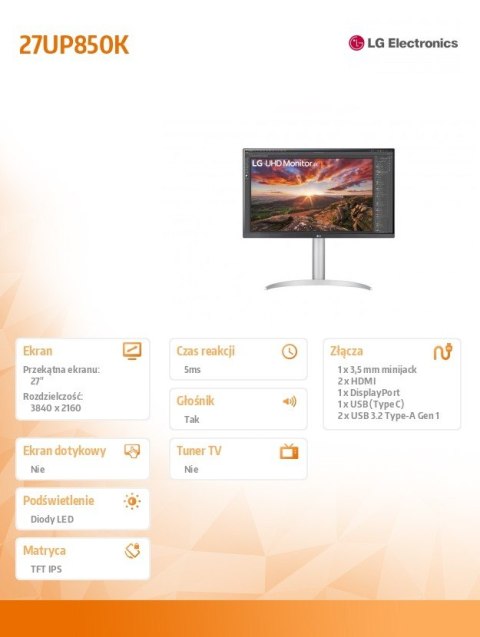 Monitor 27 cali 27UP850K-W UHD IPS USB-C Vesa DisplayHDR Monitor 27 cali 27UP850K-W UHD IPS USB-C Vesa DisplayHDR
