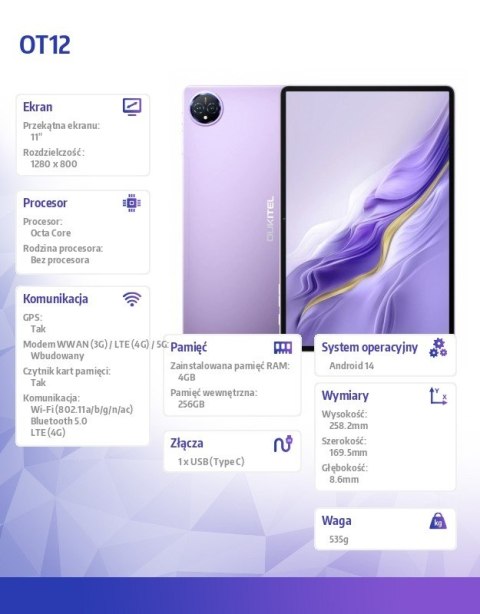 Tablet OT12 4G 11 cali 4/256GB fioletowy Tablet OT12 4G 11 cali 4/256GB fioletowy