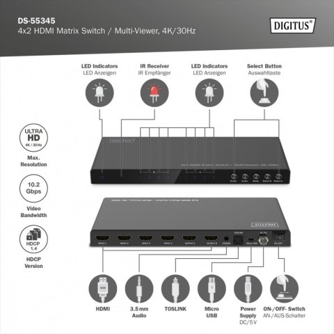 Przełącznik/Matrix HDMI 4/2-porty 4K/30Hz UHD HDCP 1.4 audio z pilotem Przełącznik/Matrix HDMI 4/2-porty 4K/30Hz UHD HDCP 1.4 audio z pilotem
