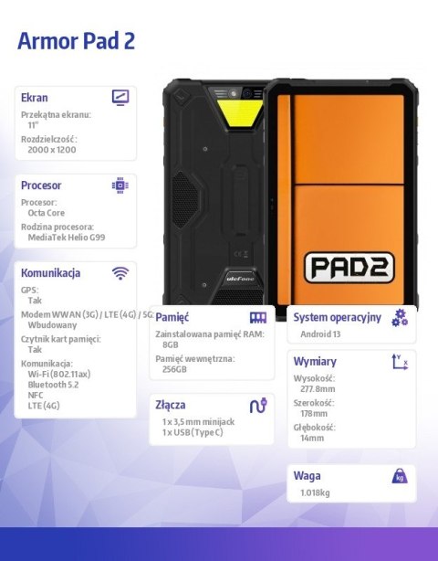Tablet Armor Pad 2 4G 11 cali 8/256GB Czarny Tablet Armor Pad 2 4G 11 cali 8/256GB Czarny