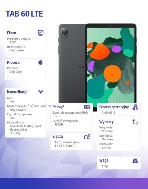 Tablet TAB 60 LTE 8.68 cala 6/128GB 6050 mAh Szary Tablet TAB 60 LTE 8.68 cala 6/128GB 6050 mAh Szary