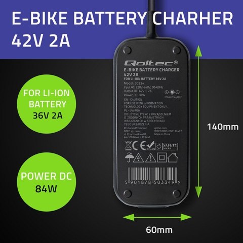 Ładowarka do roweru skutera elektrycznego XIAOMI 36V | 42V | 2A |8.0*.8.0mm+pin | wodoodporna + kabel zasilający Ładowarka do roweru skutera elektrycznego XIAOMI 36V | 42V | 2A |8.0*.8.0mm+pin | wodoodporna + kabel zasilający