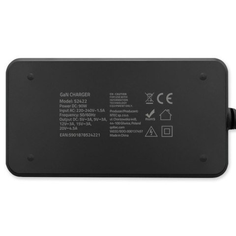 Ładowarka sieciowa 90W GaN Fast SLIM | PD | 5-20V | 4.5A | USB-C 3.1 | Laptop | MacBook | Smartfon | +kabel Ładowarka sieciowa 90W GaN Fast SLIM | PD | 5-20V | 4.5A | USB-C 3.1 | Laptop | MacBook | Smartfon | +kabel