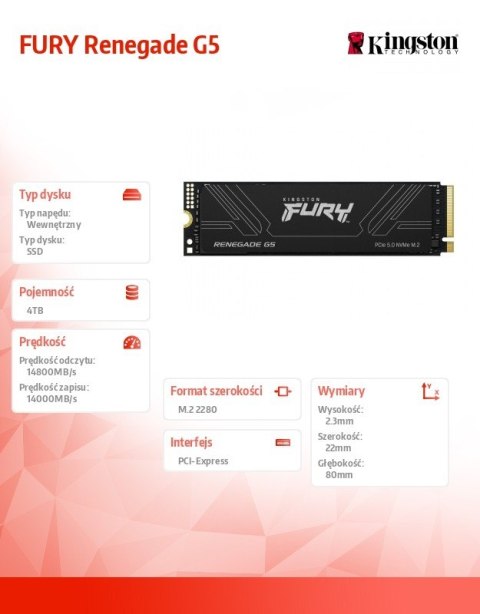 Dysk SSD Renegade G5 4TB NVMe 5.0 M.2 2280 14800/14000MB/s Dysk SSD Renegade G5 4TB NVMe 5.0 M.2 2280 14800/14000MB/s