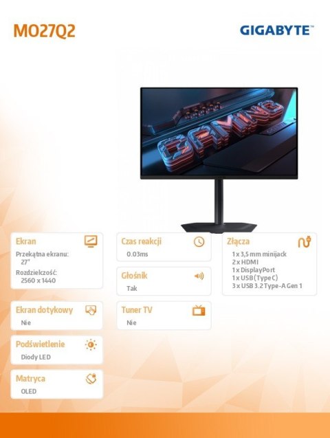 Monitor 27 cali MO27Q2 EK QHD QD-OLED HDMI USB-C Monitor 27 cali MO27Q2 EK QHD QD-OLED HDMI USB-C