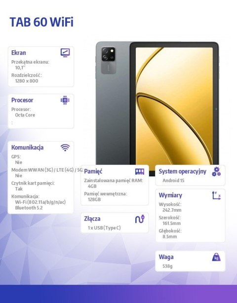 Tablet TAB 60 Wifi 10,1 cala 4/128GB Szary Tablet TAB 60 Wifi 10,1 cala 4/128GB Szary