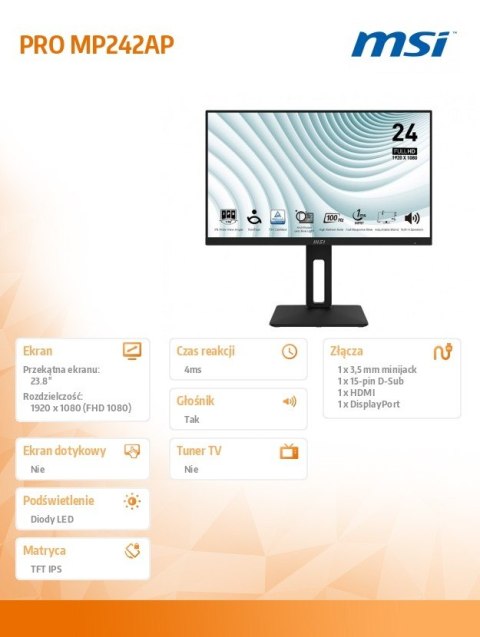 Monitor 23.8 cala PRO MP242AP LED/FHD/Flat/100Hz/czarny Monitor 23.8 cala PRO MP242AP LED/FHD/Flat/100Hz/czarny