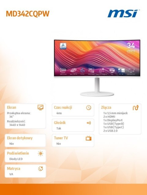 Monitor Modern MD342CQPW 34 cale/LED/UWQHD/Curved/120Hz/czarny Monitor Modern MD342CQPW 34 cale/LED/UWQHD/Curved/120Hz/czarny